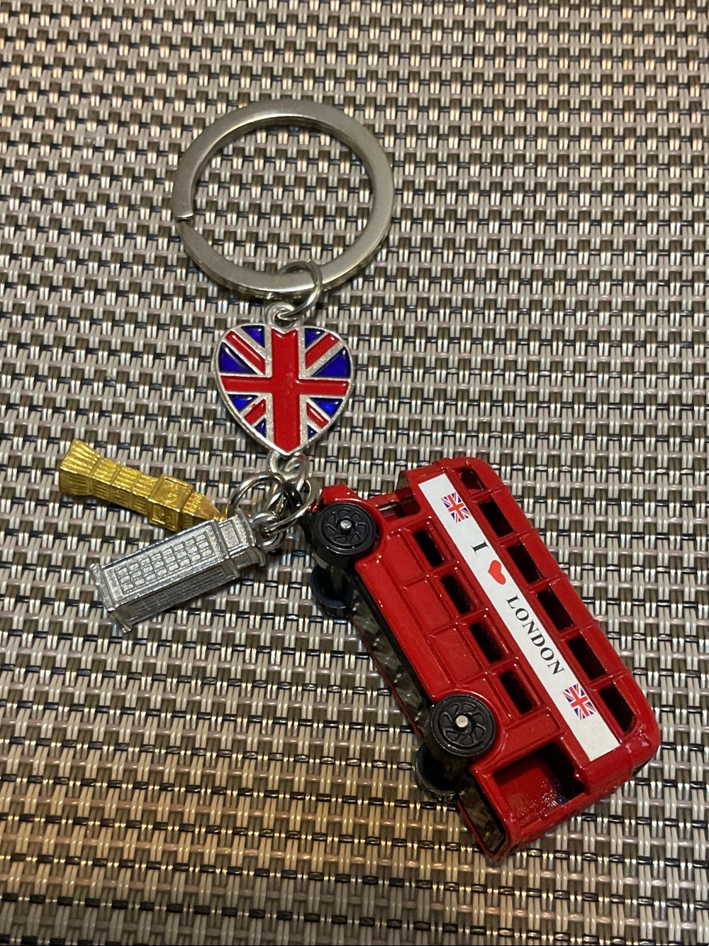 London Red Double-Decker Bus Keychain with Union Jack Heart